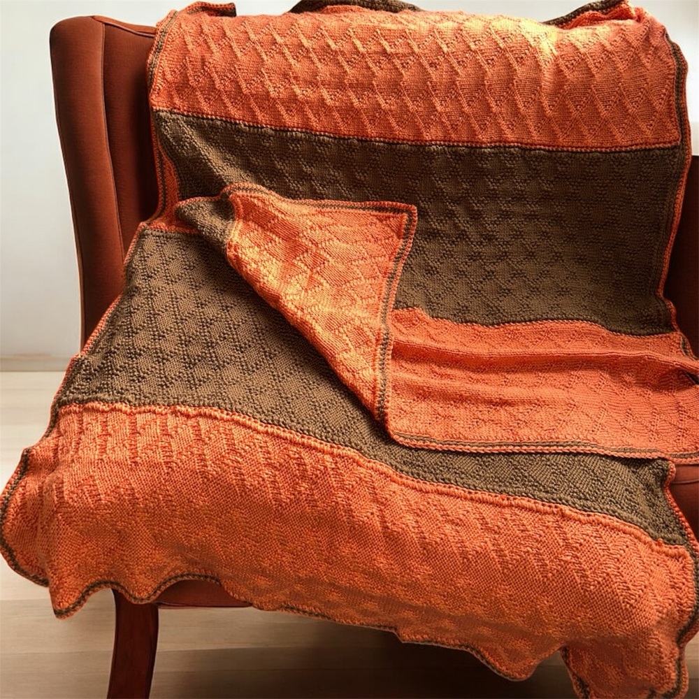 HAND KNIT Striped Orange Throw Blanket